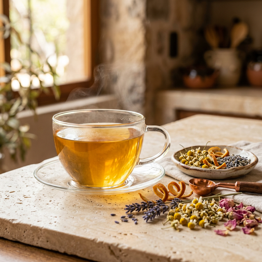 Foto generada de tisana dorada con corteza de naranja, lavanda, manzanilla y pétalos de rosa